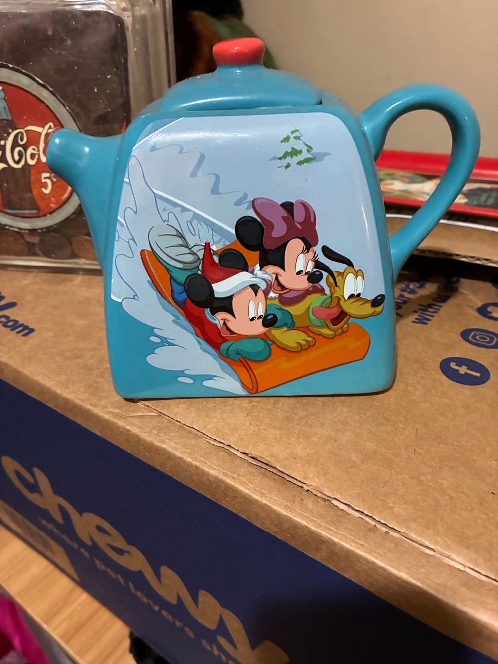 Disney Blue Ceramic Teapot with Mickey, Minnie & Pluto Sledding Artwork
